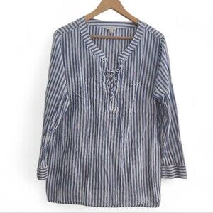 Talbots Blue White Stripe Cotton Tunic Top Plus 2X Cruise Resort Wear Travelwear